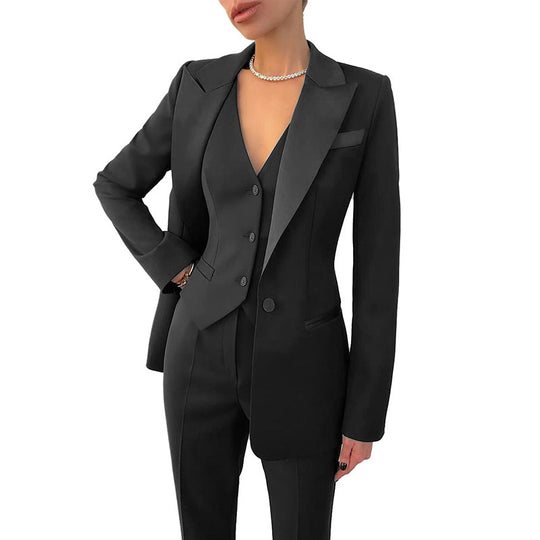 Women's satin lapel blazer three-piece power suit by Yeha Maison, featuring a tailored blazer, matching pants, and top.