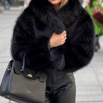 Yeha Maison cropped shaggy faux fur lapel coat featuring a plush texture and stylish design, ideal for cold weather wear.