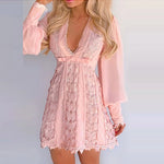 Women's deep V-neck lace embroidery puff-sleeve mini dress by Yeha Maison, featuring intricate lace details and a stylish silhouette.