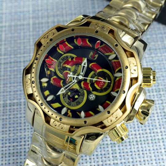 Men's oversized gold chronograph watch with multi-complication features by Yeha Maison, showcasing a detailed dial and stylish design.