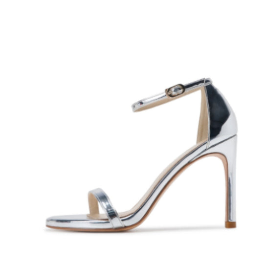 Women's black patent stiletto sandals from Yeha Maison with ankle straps and high heels, stylish footwear for formal occasions.