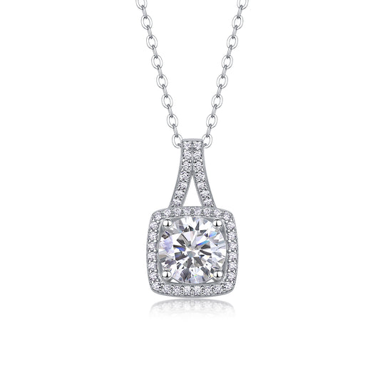 Small square 2ct moissanite pendant necklace in S925 silver with diamond sparkle, featuring a sleek jewelry design.