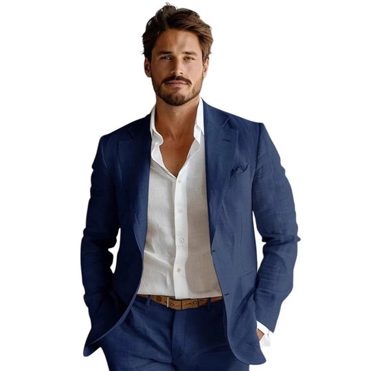 Men's slim-fit linen-blend blazer by Yeha Maison, shown in a tailored fit with classic lapels and light, breathable fabric.