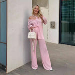 Women’s blush plissé off-shoulder shirt and wide-leg trouser co-ord set by Yeha Maison, styled with flowing fabric and elegant fit.