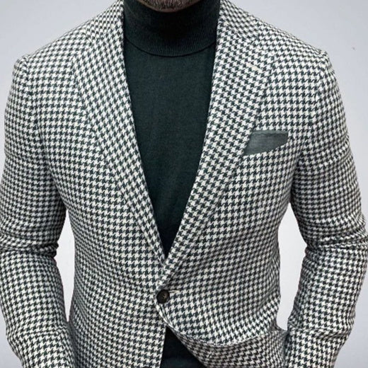 Men's slim-fit patterned blazer with shawl lapel by Yeha Maison, shown in a stylish design with tailored fit and elegant details.