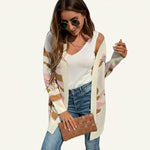 Women's camouflage print open-front knit cardigan by Yeha Maison, showcasing a cozy, stylish sweater with a camouflage pattern.