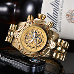 Men's gold skeleton hollow-dial chronograph watch by Yeha Maison with a sleek design and intricate dial details.