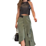 Women's leather-look halter crop top and asymmetric skirt set by Yeha Maison, featuring stylish design and modern fit.