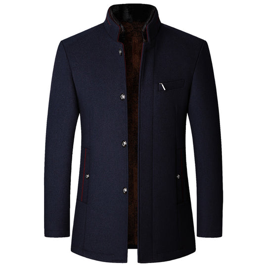 Men's wool-look single-breasted jacket with Mandarin collar by Yeha Maison, featuring a tailored fit and classic design.