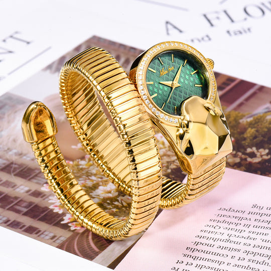 Women's diamond-encrusted snake watch by Yeha Maison featuring a sleek design and sparkling diamond accents.