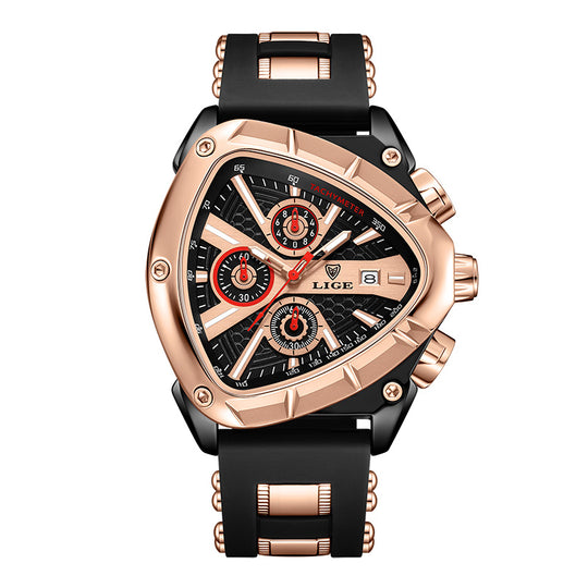Men's Triangle-Case Chronograph Sport Watch by Yeha Maison with black dial, silver case, and sporty design.