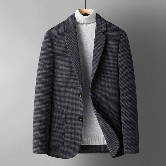 Men's slim-fit houndstooth wool blazer by Yeha Maison, tailored fit with notch lapels and classic pattern, shown on a hanger.