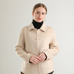 Women's wool coat with a polo collar and single-breasted design by Yeha Maison, shown in a stylish, tailored fit.
