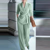 Women’s silk-blend belted wrap blazer and wide-leg trousers set by Yeha Maison, featuring tailored fit and elegant style.