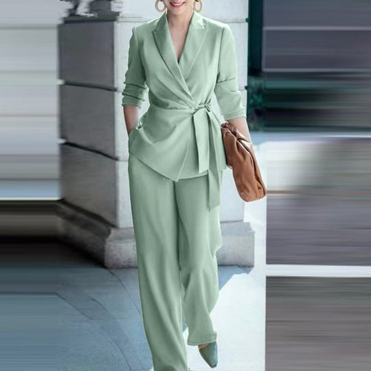 Women’s silk-blend belted wrap blazer and wide-leg trousers set by Yeha Maison, featuring tailored fit and elegant style.
