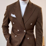 Yeha Maison double-breasted slim blazer with peak lapels, tailored fit, and classic design, shown on a model.