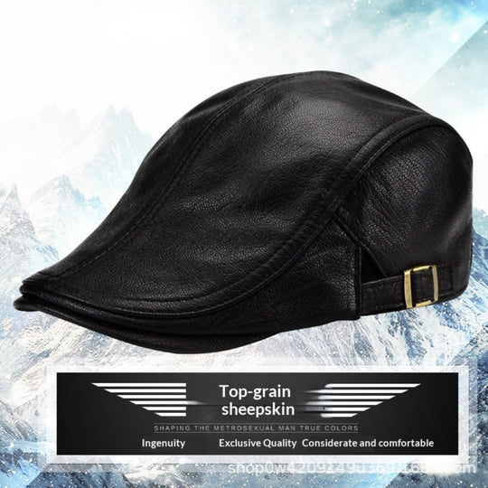 Men's thin Korean-style leather flat cap by Yeha Maison, stylish hat with sleek leather finish and classic flat cap design.