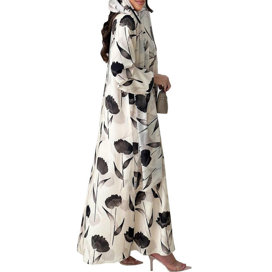 Women's botanical print chiffon duster coat by Yeha Maison, open-front design with lightweight, flowy fabric and floral pattern.