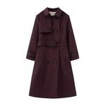Women's double-breasted belted trench coat by Yeha Maison, shown in beige with classic collar and stylish button details.