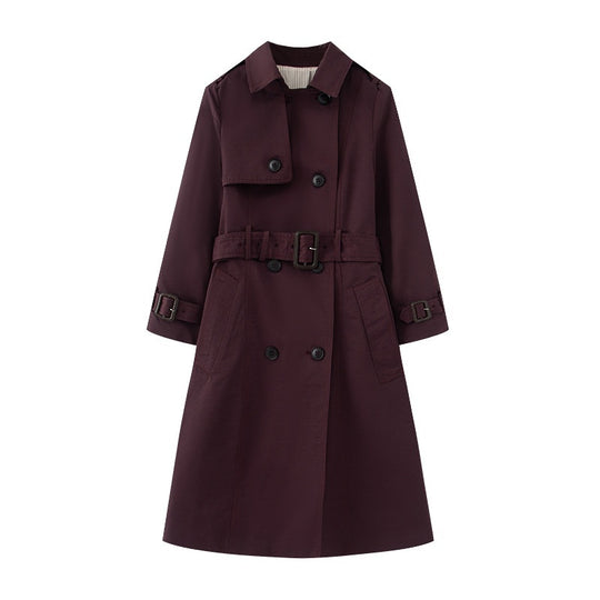 Women's double-breasted belted trench coat by Yeha Maison, shown in beige with classic collar and stylish button details.