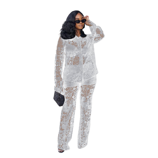 Women's sheer lace shirt and wide-leg trouser co-ord set by Yeha Maison, featuring delicate lace details and flowing fabric.