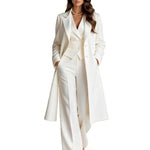 Women's longline trench coat and wide-leg trouser suit by Yeha Maison, featuring a stylish three-piece design and tailored fit.