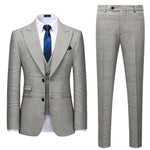 Men's grey Glen plaid slim-fit three-piece suit by Yeha Maison, featuring jacket, vest, and trousers with tailored fit.