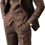 Yeha Maison slim herringbone three-piece suit with jacket, vest, and trousers, tailored fit, stylish men's formal wear.
