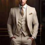 Men's slim three-piece suit with gold chain waistcoat by Yeha Maison, featuring a tailored fit and stylish accessories.