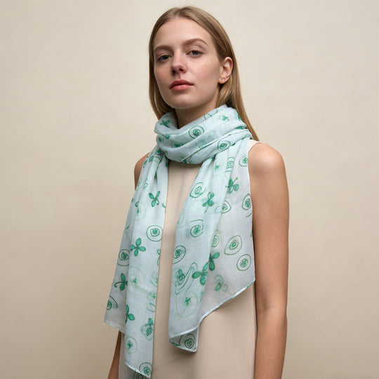 Lightweight sheer printed skinny scarf from Yeha Maison featuring vibrant floral patterns and delicate, airy fabric.