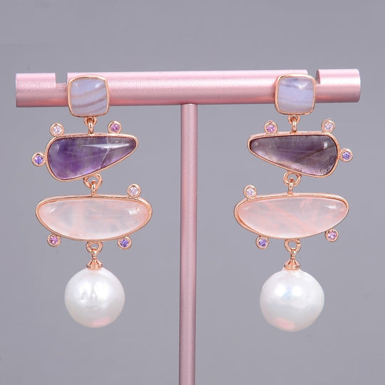 Women's pearl and gemstone small pendant earrings by Yeha Maison with delicate jewelry design and sparkling accents.