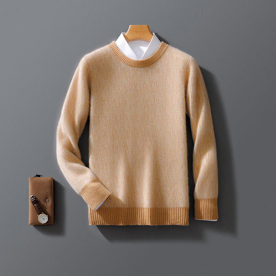 Men's pure wool crew-neck pullover sweater from Yeha Maison, shown in a classic fit, soft wool texture, and neutral color.