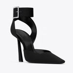 Women's satin square-toe block heel pumps by Yeha Maison, showcasing elegant shoes with a stylish heel and sleek satin finish.