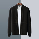 Men's fine-knit contrast-stitch cardigan by Yeha Maison, showcasing a stylish knit top with detailed stitching in the image.