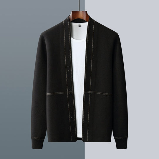 Men's fine-knit contrast-stitch cardigan by Yeha Maison, showcasing a stylish knit top with detailed stitching in the image.