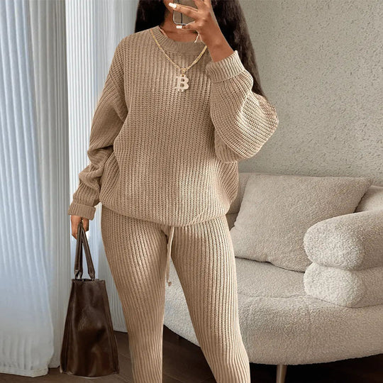 Women’s chunky knit oversized sweater and rib wide-leg co-ord set by Yeha Maison, featuring a cozy knit texture and relaxed fit.