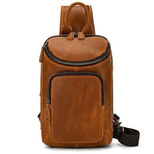 Men's Crazy Horse Leather Sling Bag from Yeha Maison, featuring rugged leather and adjustable strap on a neutral background.