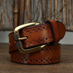 Men's genuine leather belt with hollowed design and pin buckle from Yeha Maison, showcasing the detailed leather texture and buckle.