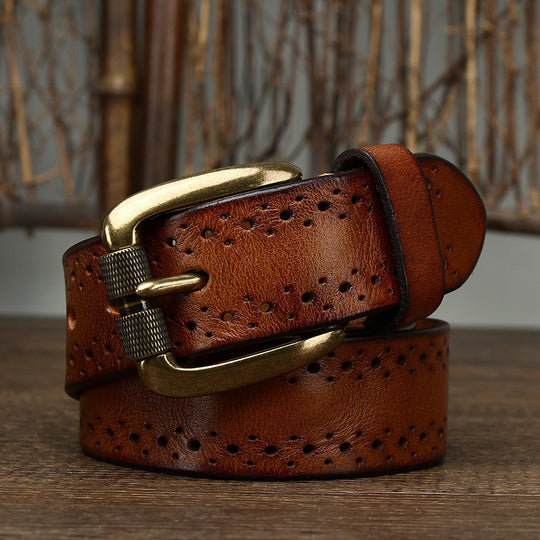 Men's genuine leather belt with hollowed design and pin buckle from Yeha Maison, showcasing the detailed leather texture and buckle.