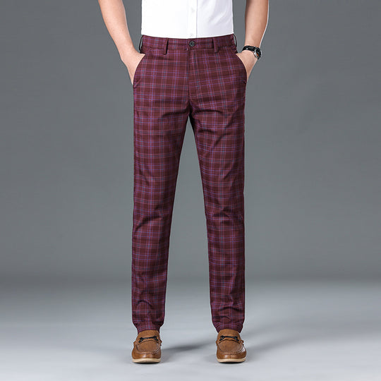 Men's multi-plaid slim straight trousers by Yeha Maison, featuring a tailored fit and classic plaid pattern.
