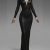 Black women's deep V backless long sleeve maxi dress by Yeha Maison, flowing fabric with elegant open back and fitted sleeves.