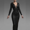 Black women's deep V backless long sleeve maxi dress by Yeha Maison, flowing fabric with elegant open back and fitted sleeves.