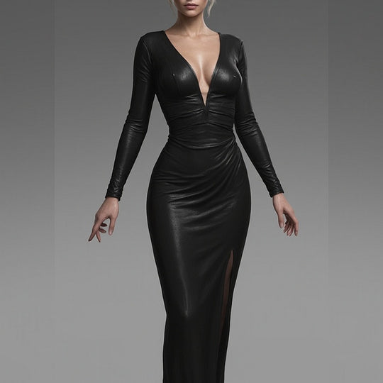 Black women's deep V backless long sleeve maxi dress by Yeha Maison, flowing fabric with elegant open back and fitted sleeves.