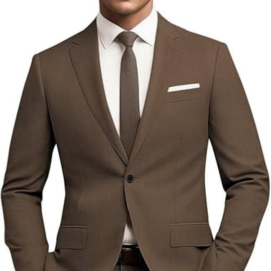Men's slim fit two-piece suit by Yeha Maison, featuring a single-button blazer and matching trousers, formal and stylish.
