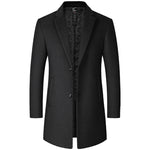 Men's slim-fit mid-length wool blend coat by Yeha Maison, shown in a stylish dark color with tailored lapels and front pockets.