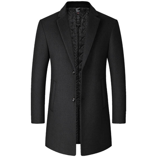 Men's slim-fit mid-length wool blend coat by Yeha Maison, shown in a stylish dark color with tailored lapels and front pockets.