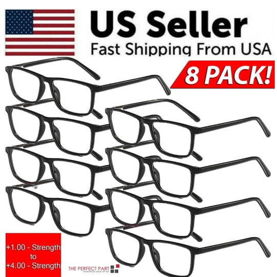Eight-pack square reading glasses set by Yeha Maison with clear lenses and black frames for stylish, functional eyewear.