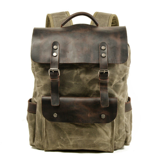 Yeha Maison wax canvas and leather flap backpack showing durable material and stylish design with adjustable straps.