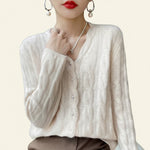 Women's Pearl-Button V-Neck Twisted Knit Cardigan sweater by Yeha Maison, featuring pearl buttons and a V-neck design.