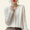 Women's Pearl-Button V-Neck Twisted Knit Cardigan sweater by Yeha Maison, featuring pearl buttons and a V-neck design.
